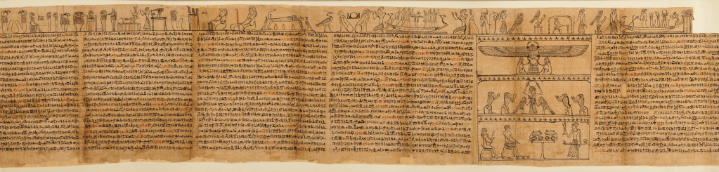 Long ancient Egyptian papyrus from the Book of the Dead of Imhotep