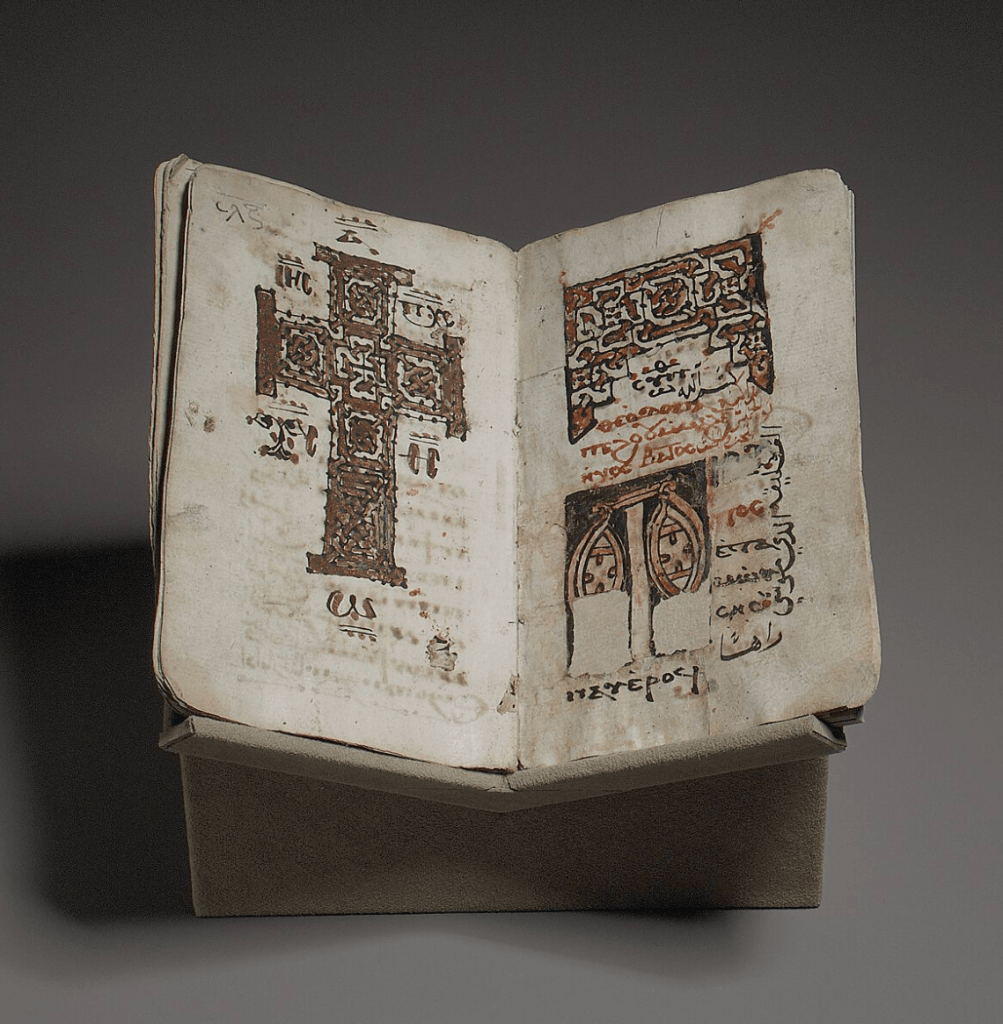 Open Coptic codex showing bound pages