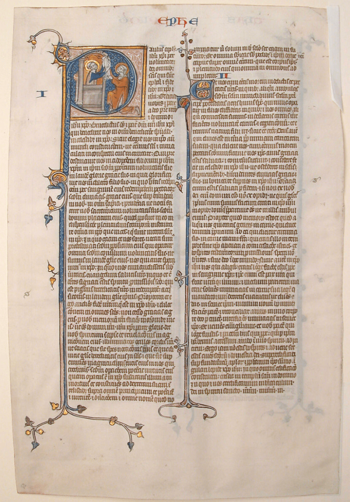 Medieval parchment manuscript page from a bound Bible