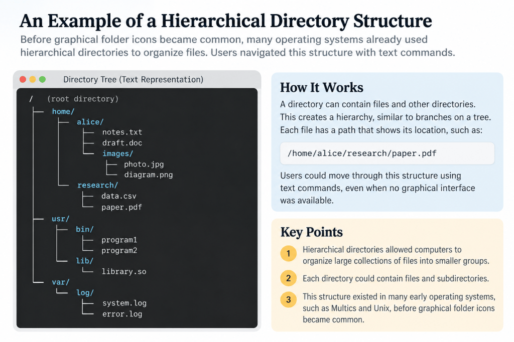 For example, a directory for a research project might contain separate directories for reports, observations, and correspondence.