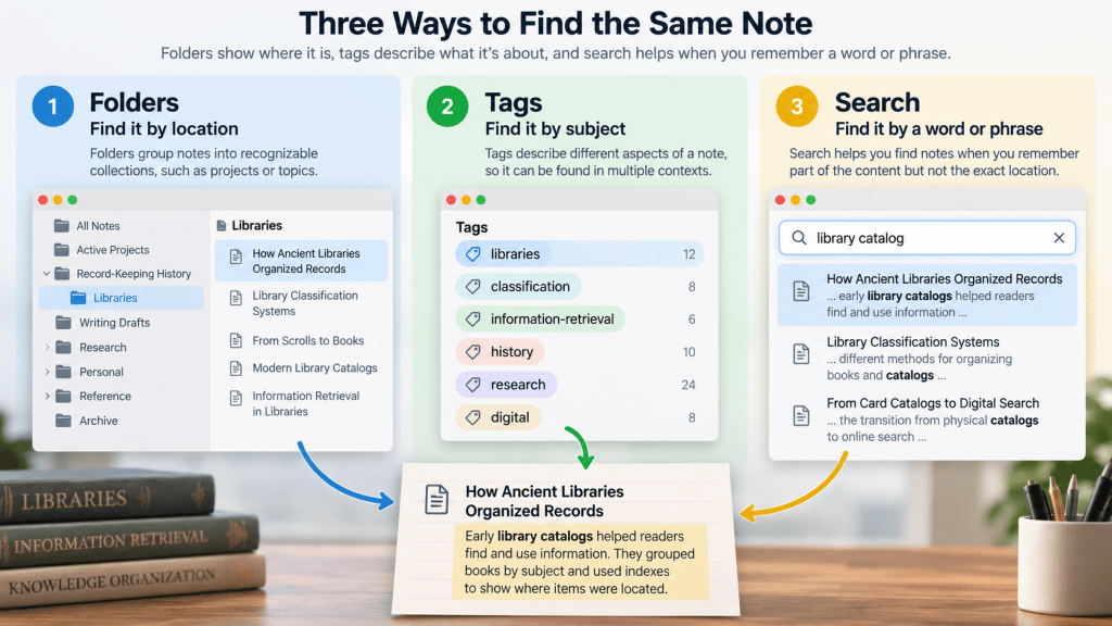 Infographic comparing three ways to retrieve a note: folders for location, tags for subjects, and search for keywords.