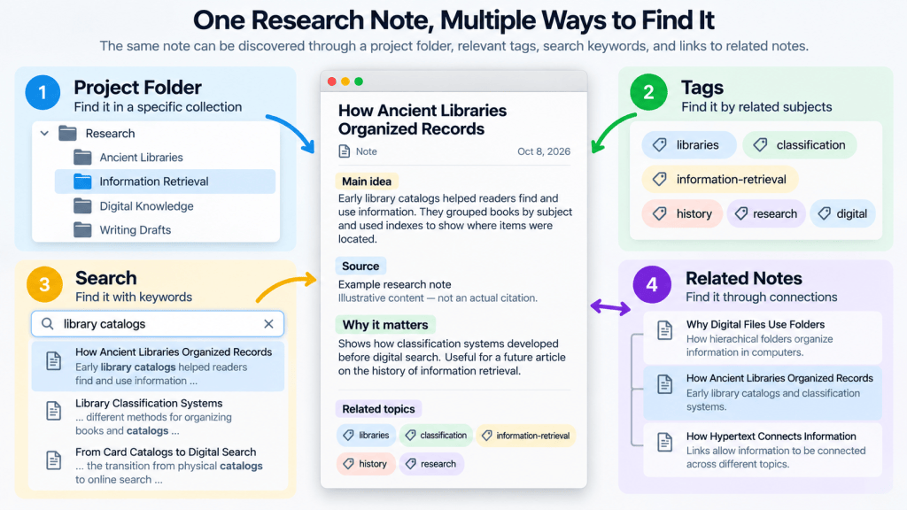 Infographic showing four ways to find a research note: project folders, subject tags, keyword search, and links to related notes.