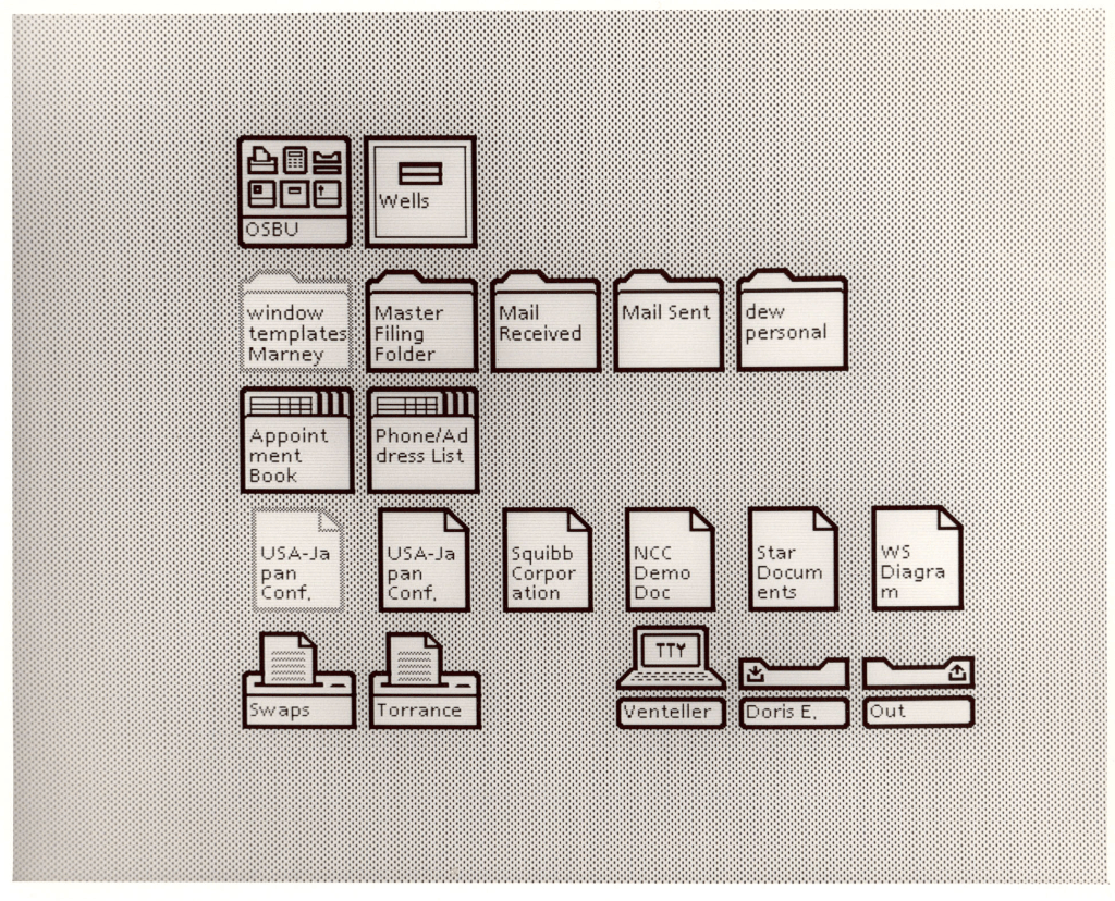 Xerox Star 8010 desktop interface showing document and folder icons