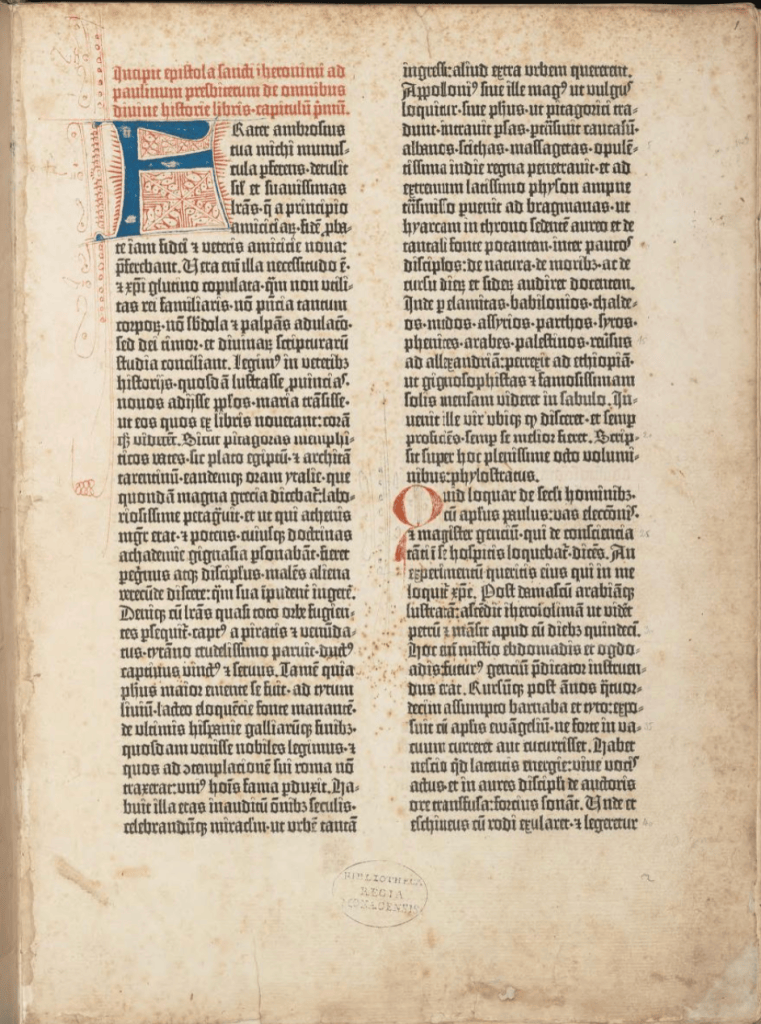 Page from the Gutenberg Bible printed with movable metal type in the fifteenth century